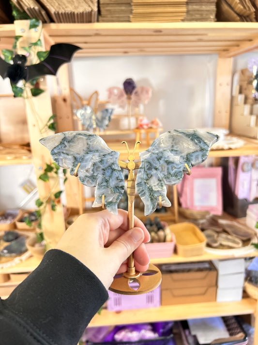 Moss Agate Butterfly On Stand