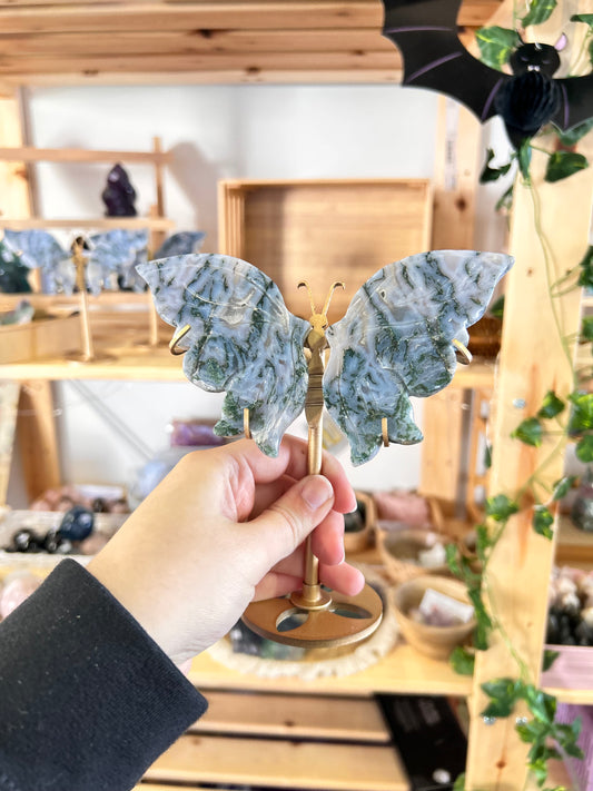 Moss Agate Butterfly On Stand