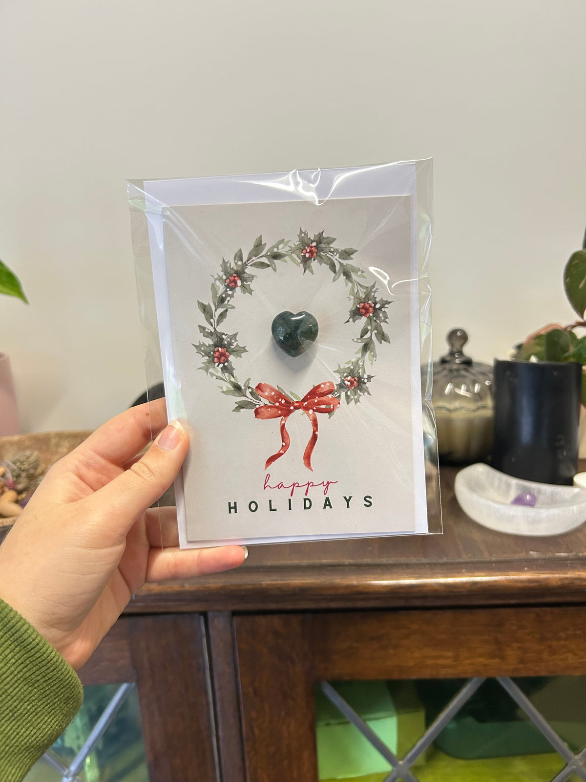 Happy Holidays Card - Moss Agate Heart