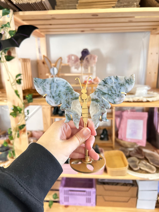 Moss Agate Butterfly On Stand